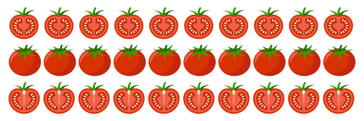 Seamless tomato border, repeating fruit pattern row, assorted sizes, cute garden motif, packaging background element, vector clipart
