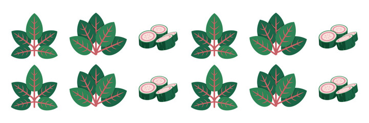Fototapeta premium Herb leaves with sliced rounds, repeating arrangement row, culinary garnish pattern strip, kitchen prep theme, decorative vector assets