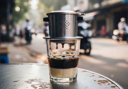 Traditional Vietnamese phin coffee dripping on a rustic Hanoi street
