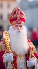 Saint Nicholas dressed in a vibrant red bishop's robe, holding a golden staff and a book, stands in a festive outdoor setting, embodying the spirit of holiday traditions