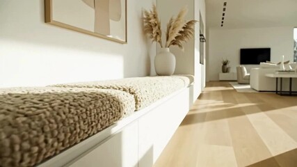 Modern minimalist entryway bench with plush seating and integrated storage complemented by abstract art and dried floral decor in a bright airy living space - Powered by Adobe