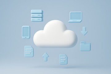 White 3d cloud computing icon surrounded by blue technology symbols like a server, laptop, smartphone, files, and arrows, representing data storage and global digital network connections