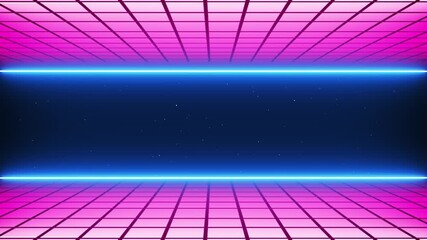 3D Synthwave terrain landscape, digital blue pink glow cyberspace laser neon grid floor perspective with particles, retro poster design, 80s retro arcade game style motion background loop - Powered by Adobe