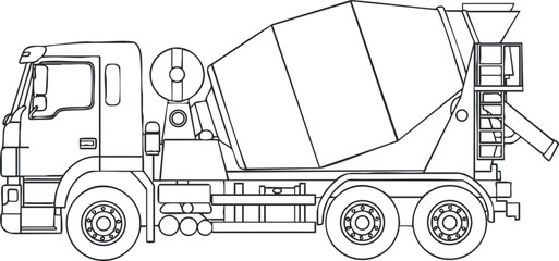 Outline illustration of a cement mixer truck designed for construction and transportation purposes.