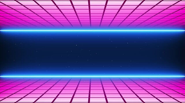 3D Synthwave terrain landscape, digital blue pink glow cyberspace laser neon grid floor perspective with particles, retro poster design, 80s retro arcade game style motion background loop