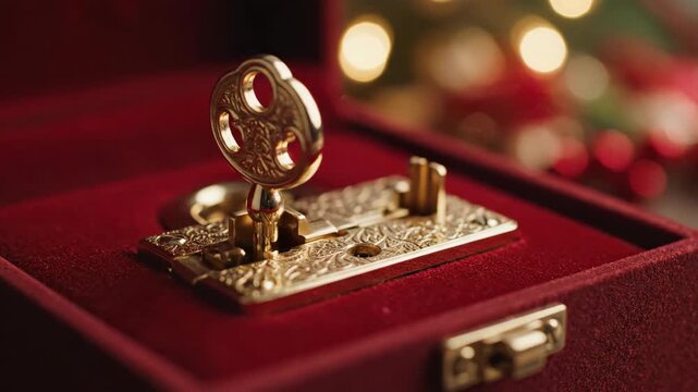 Ornate vintage gold key in lock inside red velvet box. Luxury gift for christmas or valentine's day with festive bokeh background