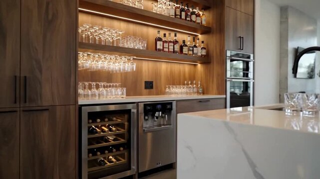 Modern home interior featuring a stylish bar area with a wine cooler liquor bottles glassware and a sleek marble countertop complemented by a living room space