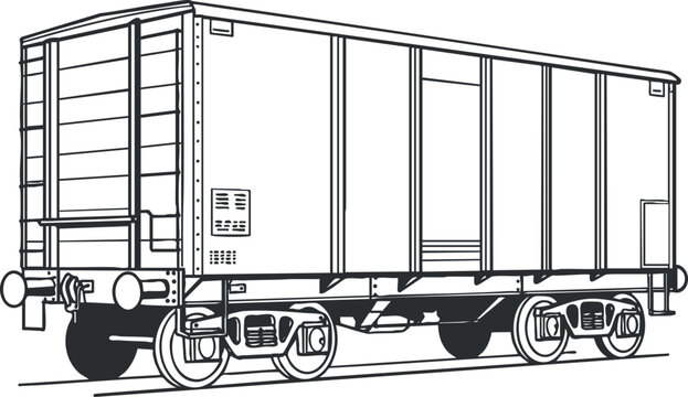 Illustration of a freight train car in black and white style for transportation and logistics themes.