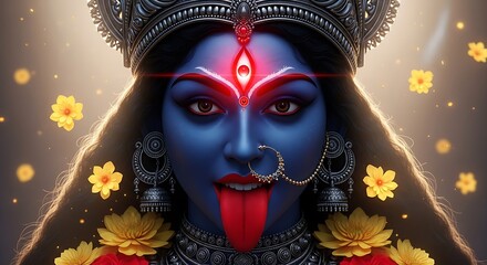 Powerful hindu goddess kali with third eye and floral adornments in divine light