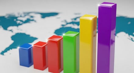 Colorful 3d bar graph showing upward trend over a blurred world map background