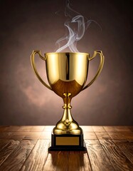 Golden trophy with steam rising, on wooden table, brown background