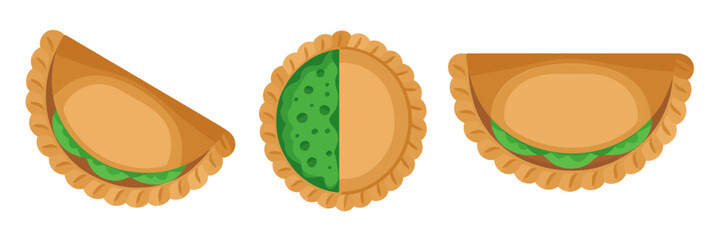 Fried turnover pastries, vegetable filling with green peas, stuffed empanada icons, crispy crust snack, street food vector