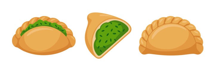 Stuffed turnover pastries, green pea filling, handmade empanada icons, rustic street snack, comfort food illustration, vector