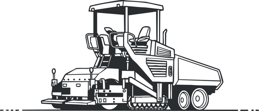 Illustration of a construction asphalt paver machine used for road building and maintenance.