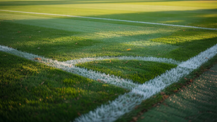 Closeup of soccer field corner with morning light 
