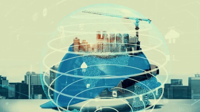 Future building construction and inventive engineering project concept with HUD hologram graphic design. Building engineer, architect people or construction worker works with modern civil technology.