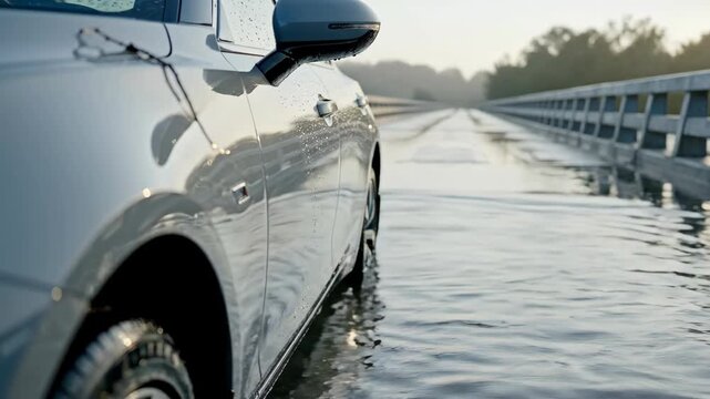 Modern car driving through flooded road on bridge. Vehicle navigating high water during extreme weather conditions. Climate change and flood risk concept