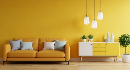 Cozy living room with a mustard yellow sofa and vibrant yellow accent cabinet against a warm yellow wall