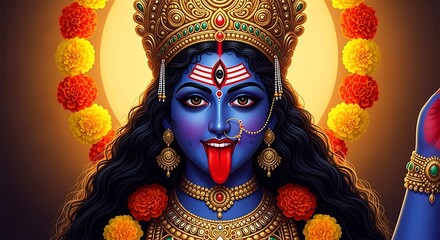 Close up portrait of the hindu goddess kali with blue skin and a fierce expression adorned with jewelry and flowers