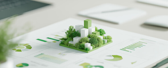 Miniature green city on financial charts. Concept of sustainable urban development, smart eco-friendly architecture and green investment strategy