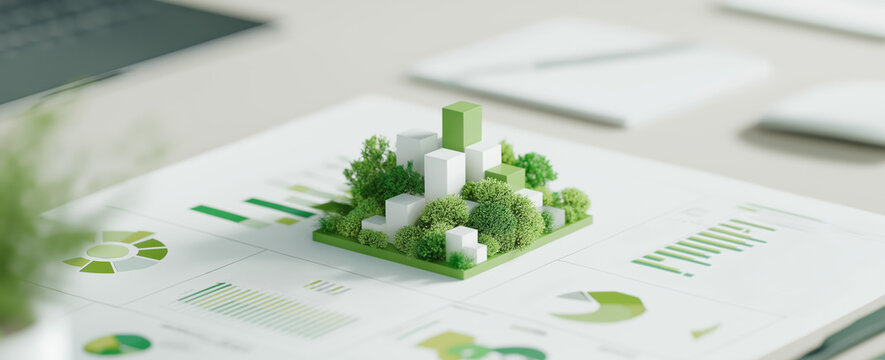 Miniature green city on financial charts. Concept of sustainable urban development, smart eco-friendly architecture and green investment strategy - Powered by Adobe