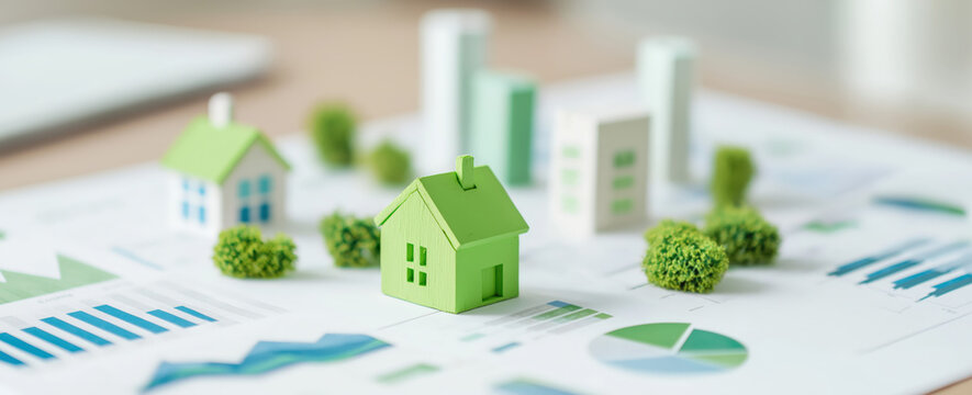Green miniature 3d houses on financial charts. Concept of eco-friendly real estate investment, sustainable construction and home renovation project