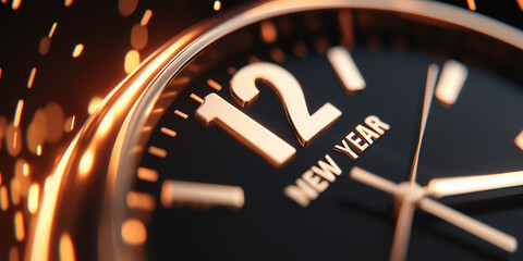 Fototapeta premium Luxury clock striking midnight with golden lights and reflections. Elegant New Year celebration banner with festive and hopeful mood