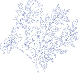Delicate outline drawing of a floral branch with blooming flowers and leaves in soft pastel colors