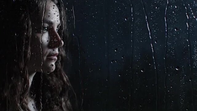 Woman's sad reflection in a rainy window at night