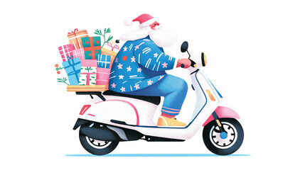 Santa Claus riding a scooter with colorful gifts. Modern and humorous Christmas illustration with white background
