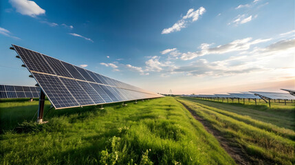 Solar Power Field with Rows of Photovoltaic Panels Under Clear Blue Sky, Renewable Energy Production, Clean Power Source, Green Technology, Sustainable Infrastructure Landscape