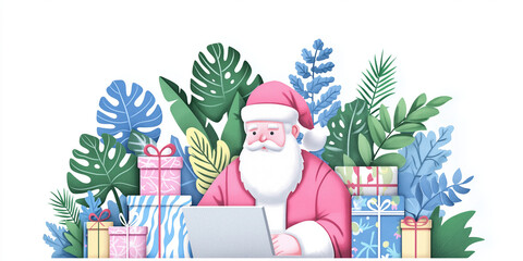 Santa Claus working on a laptop surrounded by tropical plants and colorful gifts. Fun Christmas illustration with a modern digital twist