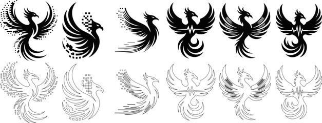 Digital Phoenix Rises Conceptual Art Black and White Illustration