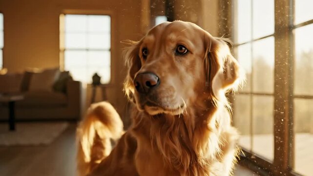 Golden retriever dog sitting indoors in warm sunlight from window. Domestic pet portrait with atmospheric dust particles floating in air