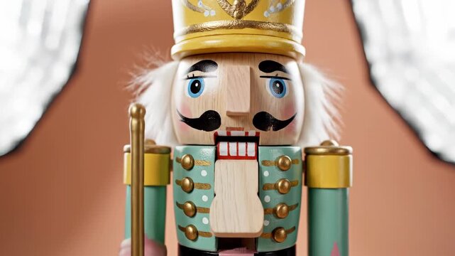 Close-up of wooden nutcracker soldier in pastel uniform. Traditional Christmas holiday decoration with modern color palette. Festive toy figure in studio setting
