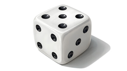 Single dice, white with black dots, realistic shading and perspective, isolated PNG.
