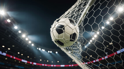 Soccer ball in the net during a night game with stadium lights 