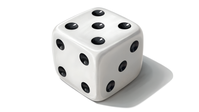 Single dice, white with black dots, realistic shading and perspective, isolated PNG.