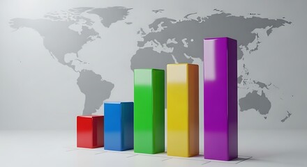 Colorful 3d bar graph showing upward trend against a subtle world map background