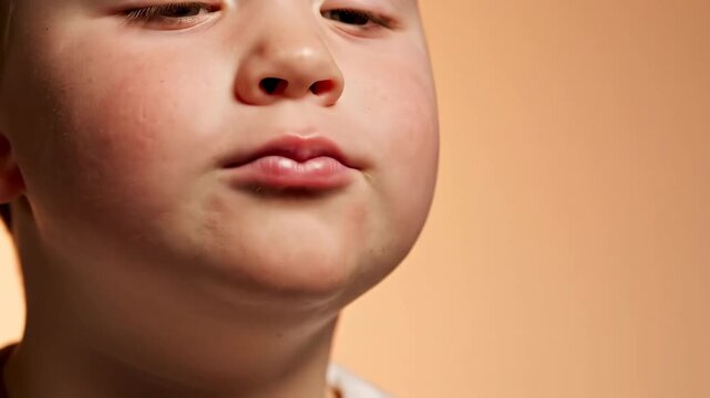 Close-up of young boy's face puckering his lips. Adorable child making kissing expression. Macro detail of kid's mouth and smooth skin on warm background
