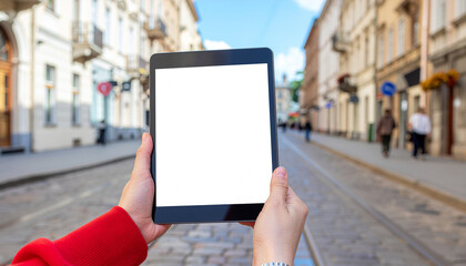 Person holding tablet with blank screen on city street background