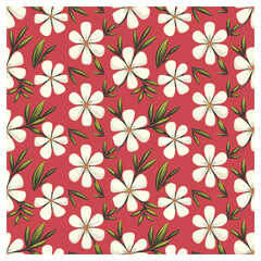 This design showcases large, white flowers paired with long, slender green leaves. The bright coral background adds a striking contrast that enhances the floral elements. The arrangement of flowers.