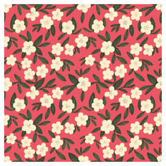 In this design, delicate white flowers with green leaves are scattered across a warm coral pink backdrop. The gentle arrangement of flowers gives a serene, natural feel, while the vivid contrast .