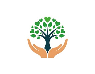 Graphic design of tree held in two hands, heart-shaped leaves