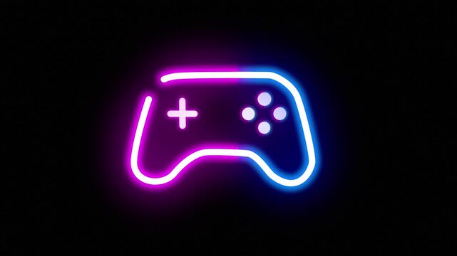 Pink and Blue Neon Game Controller Icon on Black Background