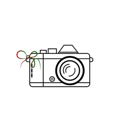 Minimalist line art icon of a classic photo camera with a decorative ribbon, isolated on transparent background, perfect for travel, photography and adventure concepts