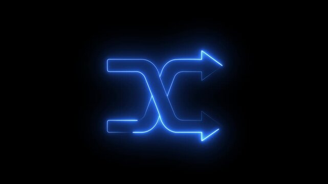 abstract glowing neon shuffle icon with arrows on a black background representing music playback or random order. Shuffle playlist button  audio control animation. Shuffle icon symbol template for.