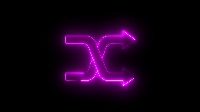 abstract glowing neon shuffle icon with arrows on a black background representing music playback or random order. Shuffle playlist button  audio control animation. Shuffle icon symbol template for.