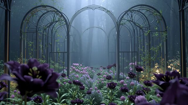 Enchanted garden with arched trellises and blooming flowers  