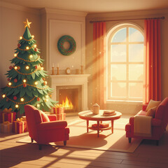 Fototapeta premium Warm cozy living room decorated for Christmas with glowing tree, gifts, and fireplace. Festive paper cut style illustration full of holiday spirit. Vector illustration